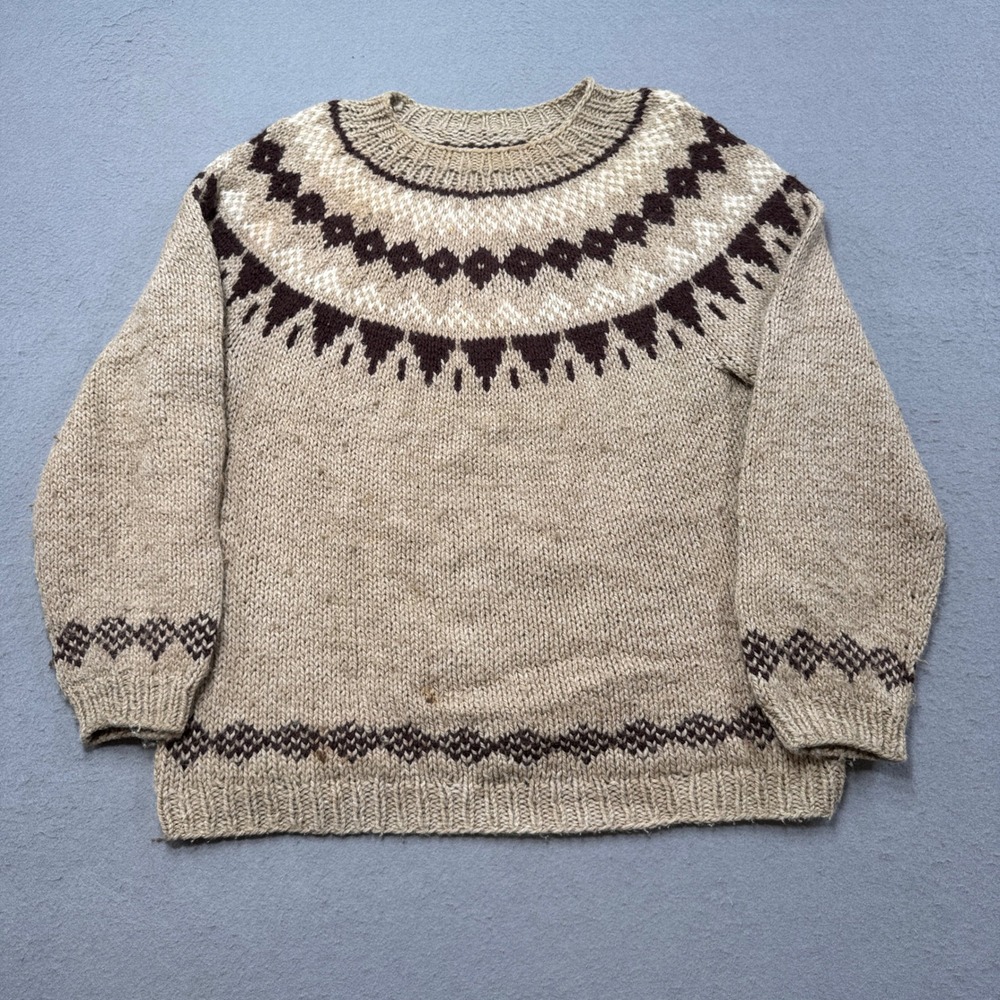 Hand Knit Sweater Men's Large Tan Wool Nordic Fair Isle Pullover Crewneck Rustic